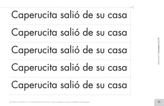 31MATERIAL DE APOYO A LA ALFABETIZACIÓN INICIAL • Tiras recortables y cartel con el alfabeto • Primer grado
Caperucita salió de su casa
BimestreII.Lecciones12y13
Caperucita salió de su casa
Caperucita salió de su casa
Caperucita salió de su casa
Caperucita salió de su casa
2 TIRAS.indd 31 07/05/14 17:41
 