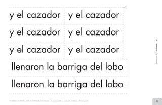 57MATERIAL DE APOYO A LA ALFABETIZACIÓN INICIAL • Tiras recortables y cartel con el alfabeto • Primer grado
y el cazador y el cazador
llenaron la barriga del lobo
y el cazador
y el cazador
y el cazador
y el cazador
llenaron la barriga del lobo
BimestreII.Lecciones12y13
2 TIRAS.indd 57 07/05/14 17:41
 