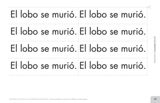 63MATERIAL DE APOYO A LA ALFABETIZACIÓN INICIAL • Tiras recortables y cartel con el alfabeto • Primer grado
El lobo se murió.
El lobo se murió.
El lobo se murió.
El lobo se murió.
El lobo se murió.
El lobo se murió.
BimestreII.Lecciones12y13
El lobo se murió. El lobo se murió.
2 TIRAS.indd 63 07/05/14 17:41
 