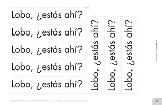65MATERIAL DE APOYO A LA ALFABETIZACIÓN INICIAL • Tiras recortables y cartel con el alfabeto • Primer grado
Lobo, ¿estás ahí?
Lobo, ¿estás ahí?
Lobo, ¿estás ahí?
Lobo, ¿estás ahí?
Lobo, ¿estás ahí?
Lobo,¿estásahí?
Lobo,¿estásahí?
BimestreII.Lección18
Lobo,¿estásahí?
2 TIRAS.indd 65 07/05/14 17:41
 