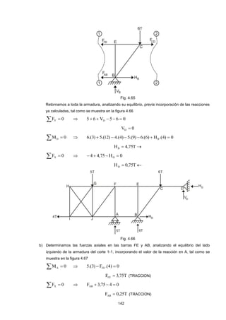 142
Fig. 4.65
Retornamos a toda la armadura, analizando su equilibrio, previa incorporación de las reacciones
ya calculadas, tal como se muestra en la figura 4.66
  0FY  065V65 D 
0VD 
  0MD  0)4.(H)6.(6)9.(5)4.(4)12.(5)3.(6 B 
 T75,4HB
  0FX  0H75,44 D 
 T75,0HD
Fig. 4.66
b) Determinamos las fuerzas axiales en las barras FE y AB, analizando el equilibrio del lado
izquierdo de la armadura del corte 1-1, incorporando el valor de la reacción en A, tal como se
muestra en la figura 4.67
  0MA  0)4.(F)3.(5 FE 
T75,3FFE  (TRACCION)
  0FX  0475,3FAB 
T25,0FAB  (TRACCION)
 