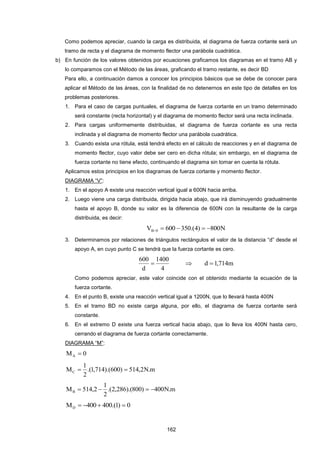 162
Como podemos apreciar, cuando la carga es distribuida, el diagrama de fuerza cortante será un
tramo de recta y el diagrama de momento flector una parábola cuadrática.
b) En función de los valores obtenidos por ecuaciones graficamos los diagramas en el tramo AB y
lo comparamos con el Método de las áreas, graficando el tramo restante, es decir BD
Para ello, a continuación damos a conocer los principios básicos que se debe de conocer para
aplicar el Método de las áreas, con la finalidad de no detenernos en este tipo de detalles en los
problemas posteriores.
1. Para el caso de cargas puntuales, el diagrama de fuerza cortante en un tramo determinado
será constante (recta horizontal) y el diagrama de momento flector será una recta inclinada.
2. Para cargas uniformemente distribuidas, el diagrama de fuerza cortante es una recta
inclinada y el diagrama de momento flector una parábola cuadrática.
3. Cuando exista una rótula, está tendrá efecto en el cálculo de reacciones y en el diagrama de
momento flector, cuyo valor debe ser cero en dicha rótula; sin embargo, en el diagrama de
fuerza cortante no tiene efecto, continuando el diagrama sin tomar en cuenta la rótula.
Aplicamos estos principios en los diagramas de fuerza cortante y momento flector.
DIAGRAMA “V”:
1. En el apoyo A existe una reacción vertical igual a 600N hacia arriba.
2. Luego viene una carga distribuida, dirigida hacia abajo, que irá disminuyendo gradualmente
hasta el apoyo B, donde su valor es la diferencia de 600N con la resultante de la carga
distribuida, es decir:
N800)4.(350600V 0B 
3. Determinamos por relaciones de triángulos rectángulos el valor de la distancia “d” desde el
apoyo A, en cuyo punto C se tendrá que la fuerza cortante es cero.
4
1400
d
600
  m714,1d 
Como podemos apreciar, este valor coincide con el obtenido mediante la ecuación de la
fuerza cortante.
4. En el punto B, existe una reacción vertical igual a 1200N, que lo llevará hasta 400N
5. En el tramo BD no existe carga alguna, por ello, el diagrama de fuerza cortante será
constante.
6. En el extremo D existe una fuerza vertical hacia abajo, que lo lleva los 400N hasta cero,
cerrando el diagrama de fuerza cortante correctamente.
DIAGRAMA “M”:
0MA 
m.N2,514)600).(714,1.(
2
1
MC 
m.N400)800).(286,2.(
2
1
2,514MB 
0)1.(400400MD 
 