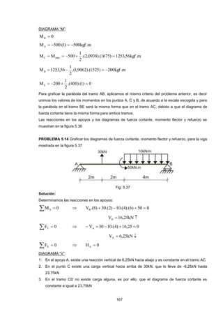 167
DIAGRAMA “M”:
0MD 
m.kgf500)1.(500MA 
m.kgf56,1253)1675).(0938,2.(
2
1
500MM máxC 
m.kgf200)1525).(9062,1.(
2
1
56,1253MB 
0)1).(400.(
2
1
200ME 
Para graficar la parábola del tramo AB, aplicamos el mismo criterio del problema anterior, es decir
unimos los valores de los momentos en los puntos A, C y B, de acuerdo a la escala escogida y para
la parábola en el tramo BE será la misma forma que en el tramo AC, debido a que el diagrama de
fuerza cortante tiene la misma forma para ambos tramos.
Las reacciones en los apoyos y los diagramas de fuerza cortante, momento flector y refuerzo se
muestran en la figura 5.36
PROBLEMA 5.14 Graficar los diagramas de fuerza cortante, momento flector y refuerzo, para la viga
mostrada en la figura 5.37
Fig. 5.37
Solución:
Determinamos las reacciones en los apoyos:
  0MA  050)6).(4.(10)2.(30)8.(VB 
 kN25,16VB
  0FY  025,16)4.(1030VA 
 kN25,6VA
  0FX  0HA 
DIAGRAMA “V”:
1. En el apoyo A, existe una reacción vertical de 6,25kN hacia abajo y es constante en el tramo AC
2. En el punto C existe una carga vertical hacia arriba de 30kN, que lo lleva de -6,25kN hasta
23,75kN
3. En el tramo CD no existe carga alguna, es por ello, que el diagrama de fuerza cortante es
constante e igual a 23,75kN
 