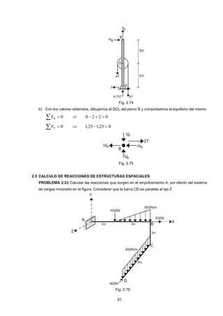 91
Fig. 2.74
b) Con los valores obtenidos, dibujamos el DCL del perno B y comprobamos el equilibrio del mismo
  0FX  0220 
  0FY  025,125,1 
Fig. 2.75
2.5 CALCULO DE REACCIONES DE ESTRUCTURAS ESPACIALES
PROBLEMA 2.23 Calcular las reacciones que surgen en el empotramiento A, por efecto del sistema
de cargas mostrado en la figura. Considerar que la barra CD es paralela al eje Z
Fig. 2.76
 