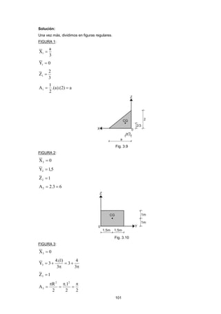 101 
Solución: 
Una vez más, dividimos en figuras regulares. 
FIGURA 1: 
3 
a 
X1  
Y 0 1  
3 
2 
Z1  
.(a).(2) a 
2 
1 
A1   
Fig. 3.9 
FIGURA 2: 
X 0 2  
Y 1,5 2  
Z 1 2  
A 2.3 6 2   
Fig. 3.10 
FIGURA 3: 
X 0 3  
 
  
 
  
3 
4 
3 
3 
4.(1) 
Y 3 3 
Z 1 3  
2 2 
1 . 
2 
R 
A 
2 2 
3 
 
 
 
 
 
 
 