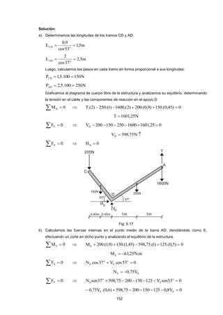 152 
Solución: 
a) Determinamos las longitudes de los tramos CD y AD: 
1,5m 
cos53 
0,9 
L CD o   
2,5m 
cos37 
2 
L AD o   
Luego, calculamos los pesos en cada tramo en forma proporcional a sus longitudes: 
P 1,5.100 150N CD   
P 2,5.100 250N AD   
Graficamos el diagrama de cuerpo libre de la estructura y analizamos su equilibrio, determinando 
la tensión en el cable y las componentes de reacción en el apoyo D 
M  0 D  T.(2)  250.(1) 1600.(2)  200.(0,9) 150.(0,45)  0 
T 1601,25N 
F  0 Y  V 200 150 250 1600 1601,25 0 D       
V  598,75N  D 
F  0 X  H 0 D  
Fig. 5.17 
b) Calculamos las fuerzas internas en el punto medio de la barra AD, denotándolo como E, 
efectuando un corte en dicho punto y analizando el equilibrio de la estructura. 
M  0 E  M 200.(1,9) 150.(1,45) 598,75.(1) 125.(0,5) 0 E      
M 61,25N.m E   
F  0 X  N cos37 V cos53 0 o 
E 
o 
E   
E E N  0,75V 
F  0 Y  N sen37 598,75 200 150 125 V sen53 0 o 
E 
o 
E       
0,75V .(0,6) 598,75 200 150 125 0,8V 0 E E        
 