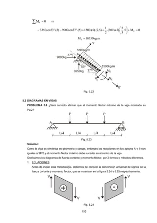 155 
M  0 E  
.5 M 0 
3 
2 
.(300).(5). 
2 
1 
3250sen53 .(5) 9000sen37 .(5) 1500.(5).(2,5) E 
o o    
 
 
 
    
M 18750kg.m E  
Fig. 5.22 
5.2 DIAGRAMAS EN VIGAS 
PROBLEMA 5.8 ¿Será correcto afirmar que el momento flector máximo de la viga mostrada es 
PL/2? 
Fig. 5.23 
Solución: 
Como la viga es simétrica en geometría y cargas, entonces las reacciones en los apoyos A y B son 
iguales a 3P/2 y el momento flector máximo debe suceder en el centro de la viga. 
Graficamos los diagramas de fuerza cortante y momento flector, por 2 formas o métodos diferentes. 
1. ECUACIONES: 
Antes de iniciar esta metodología, debemos de conocer la convención universal de signos de la 
fuerza cortante y momento flector, que se muestran en la figura 5.24 y 5.25 respectivamente. 
Fig. 5.24 
 