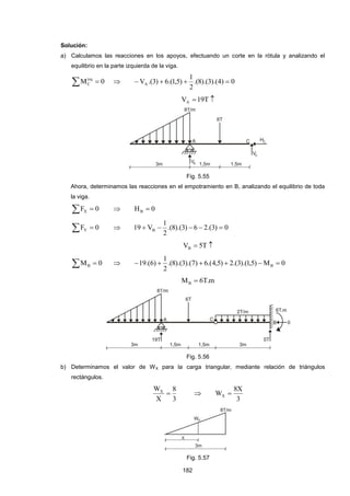 182 
Solución: 
a) Calculamos las reacciones en los apoyos, efectuando un corte en la rótula y analizando el 
equilibrio en la parte izquierda de la viga. 
M  0 izq 
C  .(8).(3).(4) 0 
2 
1 
V .(3) 6.(1,5) A     
V 19T  A 
Fig. 5.55 
Ahora, determinamos las reacciones en el empotramiento en B, analizando el equilibrio de toda 
la viga. 
F  0 X  H 0 B  
F  0 Y  .(8).(3) 6 2.(3) 0 
2 
1 
19 VB      
V  5T  B 
M  0 B  .(8).(3).(7) 6.(4,5) 2.(3).(1,5) M 0 
2 
1 
19.(6) B       
M 6T.m B  
Fig. 5.56 
b) Determinamos el valor de WX para la carga triangular, mediante relación de triángulos 
rectángulos. 
3 
8 
X 
WX   
3 
8X 
WX  
Fig. 5.57 
 