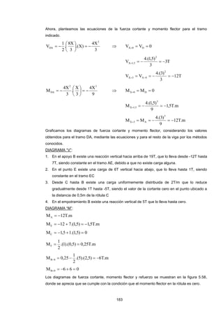 183 
Ahora, planteamos las ecuaciones de la fuerza cortante y momento flector para el tramo 
indicado. 
3 
4X 
.(X) 
3 
8X 
. 
2 
1 
V 
2 
DA    
 
 
 
   V V 0 X 0 D    
3T 
3 
4.(1,5) 
V 
2 
X 1,5      
12T 
3 
4.(3) 
V V 
2 
X 3 A 0        
9 
4X 
3 
X 
. 
3 
4X 
M 
2 3 
DA    
 
 
 
   M M 0 X 0 D    
1,5T.m 
9 
4.(1,5) 
M 
3 
X 1,5      
12T.m 
9 
4.(3) 
M M 
3 
X 3 A       
Graficamos los diagramas de fuerza cortante y momento flector, considerando los valores 
obtenidos para el tramo DA, mediante las ecuaciones y para el resto de la viga por los métodos 
conocidos. 
DIAGRAMA “V”: 
1. En el apoyo B existe una reacción vertical hacia arriba de 19T, que lo lleva desde -12T hasta 
7T, siendo constante en el tramo AE, debido a que no existe carga alguna. 
2. En el punto E existe una carga de 6T vertical hacia abajo, que lo lleva hasta 1T, siendo 
constante en el tramo EC 
3. Desde C hasta B existe una carga uniformemente distribuida de 2T/m que lo reduce 
gradualmente desde 1T hasta -5T, siendo el valor de la cortante cero en el punto ubicado a 
la distancia de 0,5m de la rótula C 
4. En el empotramiento B existe una reacción vertical de 5T que lo lleva hasta cero. 
DIAGRAMA “M”: 
M 12T.m A   
M 12 7.(1,5) 1,5T.m E      
M 1,5 1.(1,5) 0 C     
.(1).(0,5) 0,25T.m 
2 
1 
MF   
.(5).(2,5) 6T.m 
2 
1 
M 0,25 B 0      
M 6 6 0 B 0      
Los diagramas de fuerza cortante, momento flector y refuerzo se muestran en la figura 5.58, 
donde se aprecia que se cumple con la condición que el momento flector en la rótula es cero. 
 