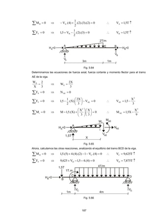 187 
M  0 B  .(2).(3).(2) 0 
2 
1 
V .(4) A     V 1,5T  A 
F  0 Y  .(2).(3) 0 
2 
1 
1,5 VB     V 1,5T  B 
Fig. 5.64 
Determinamos las ecuaciones de fuerza axial, fuerza cortante y momento flector para el tramo 
AE de la viga. 
3 
2 
X 
WX   
3 
2X 
WX  
F  0 X  N 0 AE  
F  0 Y  V 0 
3 
2X 
.(X). 
2 
1 
1,5 AE    
 
 
 
  
3 
X 
V 1,5 
2 
AE   
M  0 i  0 
3 
X 
. 
3 
X 
M 1,5.(X) 
2 
  
 
 
 
  
 
 
  
 
 
   
9 
X 
M 1,5X 
3 
AE   
Fig. 5.65 
Ahora, calculamos las otras reacciones, analizando el equilibrio del tramo BCD de la viga. 
M  0 D  1,5.(5) 4.(4).(2) 1 V .(4) 0 C      V  9,625T  C 
F  0 Y  9,625 V 1,5 4.(4) 0 D      V  7,875T  D 
Fig. 5.66 
 