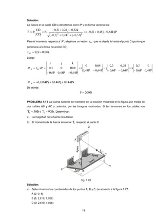19 
Solución: 
La fuerza en el cable CD lo denotamos como P y en forma vectorial es: 
( 0,6i 0,48j 0,64k)P 
( 0,3) 0,24 ( 0,32) 
0,3i 0,24j 0,32k 
P. 
CD 
CD 
P P. 
2 2 2 
    
    
   
  
 
Para el momento respecto a “A”, elegimos un vector AC r que va desde A hasta el punto C (punto que 
pertenece a la línea de acción CD) 
r 0,3i 0,08k AC   
Luego: 
0,6P 0,48P 
0,3 0 
k 
0,6P 0,64P 
0,3 0,08 
j 
0,48P 0,64P 
0 0,08 
i 
0,6P 0,48P 0,64P 
0,3 0 0,08 
i j k 
M r xP A AC  
 
  
 
 
 
  
  
M 0,0384Pi 0,144Pj 0,144Pk A     
De donde: 
P  200N 
PROBLEMA 1.15 La puerta batiente se mantiene en la posición mostrada en la figura, por medio de 
dos cables AB y AC y, además, por las bisagras mostradas. Si las tensiones en los cables son 
T 30lb 1  y T 90lb 2  . Determinar: 
a) La magnitud de la fuerza resultante 
b) El momento de la fuerza tensional 1 T respecto al punto C 
Fig. 1.26 
Solución: 
a) Determinamos las coordenadas de los puntos A, B y C, de acuerdo a la figura 1.27 
A (2; 0; 4) 
B (5; 2,819; 1,026) 
C (0; 2,819; 1,026) 
 
