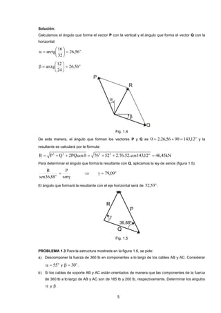 5 
Solución: 
Calculamos el ángulo que forma el vector P con la vertical y el ángulo que forma el vector Q con la 
horizontal. 
o 26,56 
32 
16 
arctg   
 
 
 
  
o 26,56 
24 
12 
arctg   
 
 
 
  
Fig. 1.4 
De esta manera, el ángulo que forman los vectores P y Q es o   2.26,56  90 143,12 y la 
resultante se calculará por la fórmula: 
R P Q 2PQcos 76 52 2.76.52.cos143,12 46,45kN 2 2 2 2 o         
Para determinar el ángulo que forma la resultante con Q, aplicamos la ley de senos (figura 1.5): 
 
 
sen 
P 
sen36,88 
R 
o 
 o   79,09 
El ángulo que formará la resultante con el eje horizontal será de o 52,53 . 
Fig. 1.5 
PROBLEMA 1.3 Para la estructura mostrada en la figura 1.6, se pide: 
a) Descomponer la fuerza de 360 lb en componentes a lo largo de los cables AB y AC. Considerar 
o   55 y o   30 . 
b) Si los cables de soporte AB y AC están orientados de manera que las componentes de la fuerza 
de 360 lb a lo largo de AB y AC son de 185 lb y 200 lb, respectivamente. Determinar los ángulos 
 y  . 
 