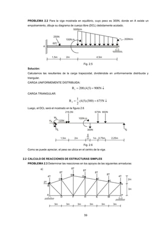 59 
PROBLEMA 2.2 Para la viga mostrada en equilibrio, cuyo peso es 300N, donde en A existe un 
empotramiento, dibuje su diagrama de cuerpo libre (DCL) debidamente acotado. 
Fig. 2.5 
Solución: 
Calculamos las resultantes de la carga trapezoidal, dividiéndola en uniformemente distribuida y 
triangular. 
CARGA UNIFORMEMENTE DISTRIBUIDA: 
R  200.(4,5)  900N  1 
CARGA TRIANGULAR: 
 .(4,5).(300)  675N  
2 
1 
R2 
Luego, el DCL será el mostrado en la figura 2.6 
Fig. 2.6 
Como se puede apreciar, el peso se ubica en el centro de la viga. 
2.2 CALCULO DE REACCIONES DE ESTRUCTURAS SIMPLES 
PROBLEMA 2.3 Determinar las reacciones en los apoyos de las siguientes armaduras: 
 