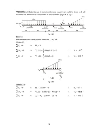 72 
PROBLEMA 2.12 Sabiendo que el siguiente sistema se encuentra en equilibrio, donde en C y E 
existen rótulas, determinar las componentes de reacción en los apoyos A, B, D y F 
Fig. 2.32 
Solución: 
Analizamos en forma consecutiva los tramos EF, CDE y ABC 
TRAMO EF: 
F  0 X  H 0 E  
M  0 E  .(1,8).(3).(1,2) 0 
2 
1 
V .(1,8) F    V 1,8T  F 
F  0 Y  .(1,8).(3) 0 
2 
1 
V 1,8 E     V  0,9T  E 
Fig. 2.33 
TRAMO CDE: 
F  0 X  H 2cos 60 0 o 
C    H 1T C 
M  0 C  V .(1) 2sen60 .(1) 0,9.(2) 0 o 
D     V  3,53T  D 
F  0 Y  3,53 V 2sen60 0,9 0 o 
C      V  0,9T  C 
 