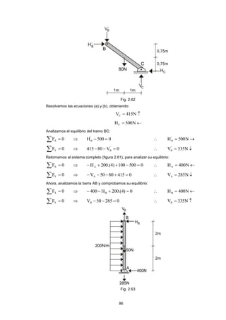 86 
Fig. 2.62 
Resolvemos las ecuaciones (a) y (b), obteniendo: 
V  415N  C 
H  500N C 
Analizamos el equilibrio del tramo BC: 
F  0 X  H 500 0 ' 
B    H  500N ' 
B 
F  0 Y  415 80 V 0 ' 
B     V  335N  ' 
B 
Retornamos al sistema completo (figura 2.61), para analizar su equilibrio: 
F  0 X  H 200.(4) 100 500 0 A       H  400N A 
F  0 Y  V 50 80 415 0 A       V  285N  A 
Ahora, analizamos la barra AB y comprobamos su equilibrio: 
F  0 X  400 H 200.(4) 0 B      H  400N B 
F  0 Y  V 50 285 0 B     V  335N  B 
Fig. 2.63 
 