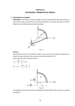 96 
CAPITULO 3 
CENTROIDES Y MOMENTOS DE INERCIA 
3.1 CENTROIDE DE ALAMBRES 
PROBLEMA 3.1 Un alambre compuesto delgado de sección uniforme ABCD está conformado por un 
tramo AB de cuarto de circunferencia y dos tramos rectos BC y CD donde este último es vertical. 
Determinar las coordenadas de su centro de gravedad. 
Fig. 3.1 
Solución: 
Para determinar el centro de gravedad de figuras, como es el caso de alambres compuestos, se 
divide en sectores conocidos (tramo cuarto de círculo AB y líneas BC y CD). 
Para el caso del cuarto de círculo, tenemos: 
  
 
 
 
 1,5 
2 
3 
2 
R 
LAB 
 
 
 
 
 
  
2R 2.3 6 
Y ZCG CG 
Fig. 3.2 
Las longitudes y ubicación de los centros de gravedad de las líneas BC y CD se conocen y muestran 
en la tabla 3.1 
 