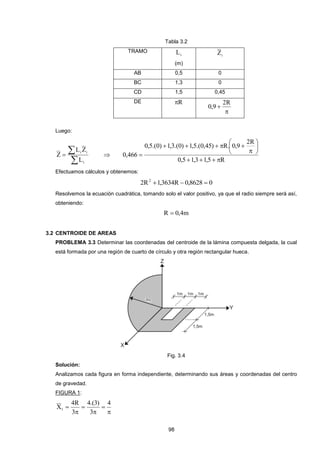 98 
Tabla 3.2 
TRAMO 
i L 
(m) 
i Z 
AB 0,5 0 
BC 1,3 0 
CD 1,5 0,45 
DE R 
 
 
2R 
0,9 
Luego: 
 
  
i 
i i 
L 
L Z 
Z  
0,5 1,3 1,5 R 
2R 
0,5.(0) 1,3.(0) 1,5.(0,45) R. 0,9 
0,466 
    
 
 
 
 
 
     
 
Efectuamos cálculos y obtenemos: 
2R 1,3634R 0,8628 0 2    
Resolvemos la ecuación cuadrática, tomando solo el valor positivo, ya que el radio siempre será así, 
obteniendo: 
R  0,4m 
3.2 CENTROIDE DE AREAS 
PROBLEMA 3.3 Determinar las coordenadas del centroide de la lámina compuesta delgada, la cual 
está formada por una región de cuarto de círculo y otra región rectangular hueca. 
Fig. 3.4 
Solución: 
Analizamos cada figura en forma independiente, determinando sus áreas y coordenadas del centro 
de gravedad. 
FIGURA 1: 
 
 
 
 
 
 
4 
3 
4.(3) 
3 
4R 
X1 
 