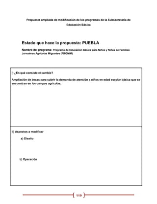 Propuesta ampliada de modificación de los programas de la Subsecretaria de
                                         Educación Básica




       Estado que hace la propuesta: PUEBLA
       Nombre del programa: Programa de Educación Básica para Niños y Niñas de Familias
       Jornaleras Agrícolas Migrantes (PRONIM)




I) ¿En qué consiste el cambio?

Ampliación de becas para cubrir la demanda de atención a niños en edad escolar básica que se
encuentran en los campos agrícolas.




II) Aspectos a modificar

      a) Diseño




     b) Operación




                                                 119
 