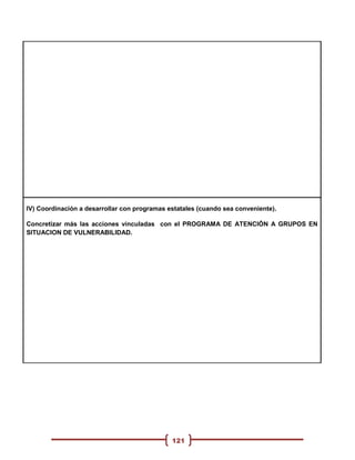 IV) Coordinación a desarrollar con programas estatales (cuando sea conveniente).

Concretizar más las acciones vinculadas con el PROGRAMA DE ATENCIÓN A GRUPOS EN
SITUACION DE VULNERABILIDAD.




                                              121
 