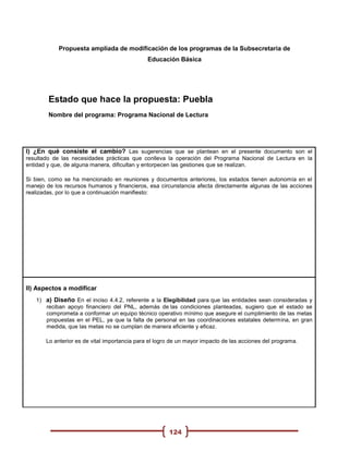Propuesta ampliada de modificación de los programas de la Subsecretaria de
                                              Educación Básica




        Estado que hace la propuesta: Puebla
        Nombre del programa: Programa Nacional de Lectura




I) ¿En qué consiste el cambio? Las sugerencias que se plantean en el presente documento son el
resultado de las necesidades prácticas que conlleva la operación del Programa Nacional de Lectura en la
entidad y que, de alguna manera, dificultan y entorpecen las gestiones que se realizan.

Si bien, como se ha mencionado en reuniones y documentos anteriores, los estados tienen autonomía en el
manejo de los recursos humanos y financieros, esa circunstancia afecta directamente algunas de las acciones
realizadas, por lo que a continuación manifiesto:




II) Aspectos a modificar
   1) a) Diseño En el inciso 4.4.2, referente a la Elegibilidad para que las entidades sean consideradas y
      reciban apoyo financiero del PNL, además de las condiciones planteadas, sugiero que el estado se
      comprometa a conformar un equipo técnico operativo mínimo que asegure el cumplimiento de las metas
      propuestas en el PEL, ya que la falta de personal en las coordinaciones estatales determina, en gran
      medida, que las metas no se cumplan de manera eficiente y eficaz.

       Lo anterior es de vital importancia para el logro de un mayor impacto de las acciones del programa.




                                                       124
 