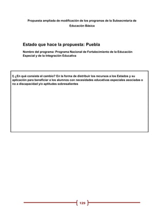 Propuesta ampliada de modificación de los programas de la Subsecretaria de
                                       Educación Básica




       Estado que hace la propuesta: Puebla
       Nombre del programa: Programa Nacional de Fortalecimiento de la Educación
       Especial y de la Integración Educativa




I) ¿En qué consiste el cambio? En la forma de distribuir los recursos a los Estados y su
aplicación para beneficiar a los alumnos con necesidades educativas especiales asociadas o
no a discapacidad y/o aptitudes sobresalientes




                                              129
 
