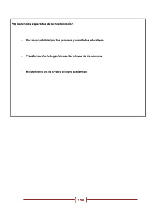 VI) Beneficios esperados de la flexibilización




      -   Corresponsabilidad por los procesos y resultados educativos.




      -   Transformación de la gestión escolar a favor de los alumnos.




      -   Mejoramiento de los niveles de logro académico.




                                                  158
 