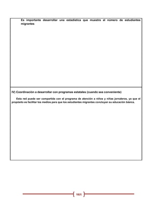 Es importante desarrollar una estadística que muestre el número de estudiantes
       migrantes




IV) Coordinación a desarrollar con programas estatales (cuando sea conveniente)

   Esta red puede ser compartida con el programa de atención a niños y niñas jornaleros, ya que el
propósito es facilitar los medios para que los estudiantes migrantes concluyan su educación básica.




                                                 161
 