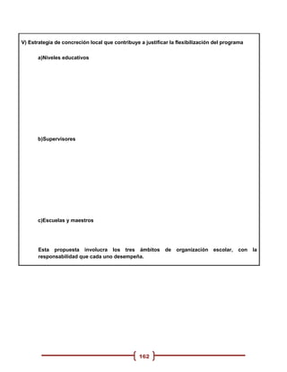 V) Estrategia de concreción local que contribuye a justificar la flexibilización del programa

      a)Niveles educativos




      b)Supervisores




      c)Escuelas y maestros




       Esta propuesta involucra los tres ámbitos            de   organización escolar,    con   la
       responsabilidad que cada uno desempeña.




                                                 162
 
