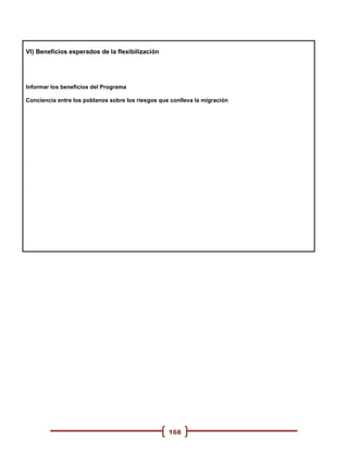VI) Beneficios esperados de la flexibilización




Informar los beneficios del Programa

Conciencia entre los poblanos sobre los riesgos que conlleva la migración




                                                   168
 