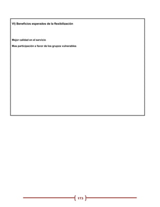 VI) Beneficios esperados de la flexibilización




Mejor calidad en el servicio

Mas participación a favor de los grupos vulnerables




                                                      173
 
