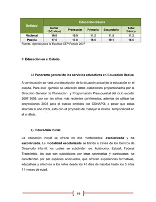 Educación Básica
   Entidad
                     Inicial                                                  Total
                                 Preescolar      Primaria   Secundaria
                   (0-2 años)                                                Básica
  Nacional            10.6           10.9          11.2        11.5           11.2
   Puebla              17.6          17.8          18.5        19.1           18.5
Fuente. Agenda para la Equidad SEP Puebla 2007




II Educación en el Estado.




       II.I Panorama general de los servicios educativos en Educación Básica

A continuación se hará una descripción de la situación actual de la educación en el
estado. Para este ejercicio se utilizarán datos estadísticos proporcionados por la
Dirección General de Planeación y Programación Presupuestal del ciclo escolar
2007-2008, por ser las cifras más recientes confirmadas; además de utilizar las
proyecciones 2008 para el estado emitidas por CONAPO; a pesar que éstas
abarcan el año 2009, esto con el propósito de manejar la misma temporalidad en
el análisis.




       a) Educación Inicial

La educación inicial se ofrece en dos modalidades: escolarizada y no
escolarizada. La modalidad escolarizada se brinda a través de los Centros de
Desarrollo Infantil, los cuales se subdividen en: Autónomo, Estatal, Federal
Transferido, los que son subsidiados por otras secretarías y particulares; se
caracterizan por ser espacios adecuados, que ofrecen experiencias formativas,
educativas y afectivas a los niños desde los 45 días de nacidos hasta los 5 años
11 meses de edad.




                                        19
 