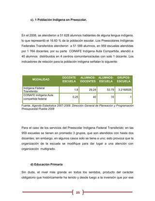 c). 1 Población Indígena en Preescolar.




En el 2008, se atendieron a 51 628 alumnos hablantes de alguna lengua indígena,
lo que representó el 16.60 % de la población escolar. Los Preescolares Indígenas
Federales Transferidos atendieron a 51 588 alumnos, en 959 escuelas atendidas
por 1 764 docentes; por su parte CONAFE Indígena Aula Compartida, atendió a
40 alumnos distribuidos en 4 centros comunitarios/aulas con solo 1 docente. Los
indicadores de relación para la población indígena señalan lo siguiente:




                              DOCENTE        ALUMNOS- ALUMNOS-          GRUPOS-
        MODALIDAD
                              ESCUELA        DOCENTES ESCUELA           ESCUELA

 Indígena Federal
                                       1.8        29.24         53.79      3.2168926
 Transferido
 CONAFE Indígena Aula
                                      0.25           40            10             1
 compartida federal

Fuente. Agenda Estadística 2007-2008. Dirección General de Planeación y Programación
Presupuestal Puebla 2008




Para el caso de los servicios del Preescolar Indígena Federal Transferido; en las
959 escuelas se tienen en promedio 3 grupos, que son atendidos con hasta dos
docentes; sin embargo, en algunos casos solo se tiene a uno; esto provoca que la
organización de la escuela se modifique para dar lugar a una atención con
organización multigrado.




      d) Educación Primaria

Sin duda, el nivel más grande en todos los sentidos, producto del carácter
obligatorio que históricamente ha tenido y desde luego a la inversión que por ese



                                        25
 