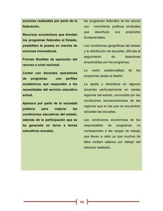 acciones realizadas por parte de la          los programas federales se les asocie
federación.                                  con    movimiento políticos sindicales
                                             que     desvirtuan         sus   propósitos
Recursos económicos que brindan
                                             fundamentales.
los programas federales al Estado,
posibilitan la puesta en marcha de           Las condiciones geográficas del estado
acciones innovadoras.                        y la distribución de escuelas, dificulta el
                                             seguimiento           de         lasaciones
Formas flexibles de operación del
                                             emprendidas por los programas.
recurso a nivel nacional.
                                             La    visión   asistencialista     de   los
Contar con docentes operadores
                                             porgramas desde el diseño.
de   programas         con   perfiles
académicos que responden a las               La apatia y desinteres en algunos
necesidades del servicio educativo           docentes particularmente en ciertas
actual.                                      regiones del estado, provocada por las
                                             condiciones socioeconómicas de las
Apertura por parte de la sociedad
                                             regiones que en las que se encuentran
poblana       para     mejorar   las
                                             ubicadas las escuelas.
condiciones educativas del estado,
además de la participación que se            Las condiciones económicas de los
ha generado en torno a temas                 responsables      de       programas    no
educativos actuales.                         corresponden a las cargas de trabajo
                                             que llevan a cabo ya que muchos de
                                             ellos reciben salarios por debajo del
                                             esfuerzo realizado.




                                        70
 
