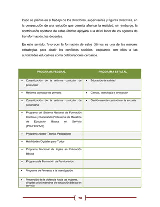 Poco se piensa en el trabajo de los directores, supervisores y figuras directivas, en
la consecución de una solución que permita afrontar la realidad; sin embargo, la
contribución oportuna de estos últimos apoyará a la difícil labor de los agentes de
transformación, los docentes.

En este sentido, favorecer la formación de estos últimos es una de las mejores
estrategias para abatir los conflictos sociales, asociando con ellos a las
autoridades educativas como colaboradores cercanos.




               PROGRAMA FEDERAL                                 PROGRAMA ESTATAL


   Consolidación de la reforma curricular de            Educación de calidad
    preescolar

   Reforma curricular de primaria                       Ciencia, tecnología e innovación

   Consolidación de la reforma curricular de            Gestión escolar centrada en la escuela
    secundaria

   Programa del Sistema Nacional de Formación
    Continua y Superación Profesional de Maestros
    de       Educación   Básica      en    Servicio
    (PSNFCSPMS)

   Programa Asesor Técnico Pedagógico

   Habilidades Digitales para Todos

   Programa Nacional de Inglés en Educación
    Básica

   Programa de Formación de Funcionarios


   Programa de Fomento a la Investigación


   Prevención de la violencia hacia las mujeres,
    dirigidas a los maestros de educación básica en
    servicio



                                                78
 