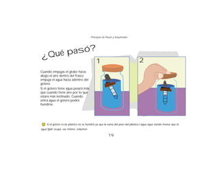 Principios de Pascal y Arquímedes




 ¿Qué pasó?
                                            1                                   2
Cuando empujas el globo hacia
abajo el aire dentro del frasco
empuja el agua hacia adentro del
gotero.
Si el gotero tiene agua pesará más
que cuando tiene aire por lo que
estará más inclinado. Cuando
entra agua el gotero podrá
hundirse.




    Si el gotero es de plástico no se hundirá ya que la suma del peso del plástico+agua sigue siendo menor que el
agua que ocupa ese mismo volumen.

                                                       19
 