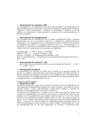  Determinación de colesterol – HDL
Los quilomicrones, las lipoproteínas de muy baja densidad y las lipoproteínas de
baja densidad que se encuentran en el plasma precipitan en presencia de cloruro de
magnesio y ácido fosfotúngstico. Después de centrifugar a 10.000 x g por 20
minutos, se determina la concentración de colesterol en el sobrenadante por el
método enzimático.

 Determinación de triacilglicéridos
Los triacilglicéridos son hidrolizados por la enzima triacilglicérido lipasa y liberan
glicerol que a su vez es convertido en glicerol – 3- fosfato por la glicerolcinasa, la
oxidación de este compuesto por la enzima glicerol fosfato oxidasa forma peróxido
de hidrógeno que forma un complejo coloreado con la 4 – aminofenazona y el
clorofenol en presencia de peroxidasa. Dicho complejo absorbe a una longitud de
onda de 500 nm. La secuencia de reacciones es la siguiente:

Triacilglicérido + 3 H2O  glicerol +3 RCOOH
Glicerol + ATP         glicerol –3- fosfato + ADP
Glicerol –3- fosfato + O2 dihidroxiacetonafosfato + H2O2
H2O2 + 4-aminofenazona + 4-clorofenol  4-(p-benzoquinonamonoimino) fenazona +
H2O + HCl

   Determinación del colesterol – LDL
    Para el calculo de la concentración de colesterol se utilizó el algoritmo de Friedwald:   C-LDL =
    CT – C-HDL – TAG/5

 Determinación de glucosa
La determinación de glucosa se realizó por el método de la glucosa oxidasa. La
glucosa es oxidada a ácido glucónico por la glucosa oxidasa. En dicha reacción se
produce peróxido de hidrógeno el cual forma un complejo con la 4- aminofenazona y
fenol para formar un complejo coloreado en presencia de la enzima peroxidasa. Este
complejo absorbe a una longitud de 510 nm

Pruebas de genética molecular
 Extracción de ADN
El ADN fue preparado a partir de un volumen de células de 0.5 mL separado en un
tubo eppendorf inmediatamente después de retirar el plasma. Se añadió un mL de
solución salina – citrato 1x(0,15M NaCl, 15mM citrato trisódico) y después de
mezclar se centrifugó durante un minuto a 14.000 x g.
Se removió el sobrenadante y se repitió una vez más esta etapa de lavado. Las
células se resuspendieron con 0,375 mL de acetato de sodio 0,2 M a pH 7,0 y se
trataron con 10 microlitros de una solución de proteinasa K al 1% en Tris 10mM,
pH 8,0 y 25 microlitros de dodecil sulfato sódico al 10%. Se incubó durante la
noche a 56 °C. Luego se hizo extracción dos veces con 0,120 mL de fenol/cloroformo
(25:1) y una vez con 120 microlitros de cloroformo/alcohol isoamílico (24:1). El
ADN fue precipitado de la fase acuosa con etanol y luego se resuspendió con 0,1mL
de amortiguador TE 1x. De esta preparación se tomaron 5 microlitros para




                                                                                                   20
 