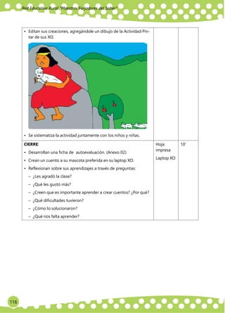 Red Educativa Rural ‟Maestros Forjadores del Saber”
116
• Editan sus creaciones, agregándole un dibujo de la Actividad Pin-
tar de sus XO.
• Se sistematiza la actividad juntamente con los niños y niñas.
CIERRE:
• Desarrollan una ficha de autoevaluación. (Anexo 02)
• Crean un cuento a su mascota preferida en su laptop XO.
• Reflexionan sobre sus aprendizajes a través de preguntas:
– ¿Les agradó la clase?
– ¿Qué les gustó más?
– ¿Creen que es importante aprender a crear cuentos? ¿Por qué?
– ¿Qué dificultades tuvieron?
– ¿Cómo lo solucionaron?
– ¿Qué nos falta aprender?
Hoja
impresa
Laptop XO
10’
 