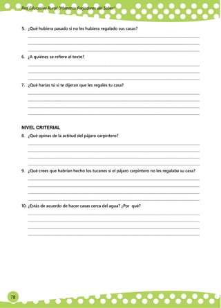 78
Red Educativa Rural ‟Maestros Forjadores del Saber”
5. ¿Qué hubiera pasado si no les hubiera regalado sus casas?
.............................................................................................................................................................................................
.............................................................................................................................................................................................
.............................................................................................................................................................................................
6. ¿A quiénes se refiere el texto?
.............................................................................................................................................................................................
.............................................................................................................................................................................................
.............................................................................................................................................................................................
7. ¿Qué harías tú si te dijeran que les regales tu casa?
.............................................................................................................................................................................................
.............................................................................................................................................................................................
.............................................................................................................................................................................................
.............................................................................................................................................................................................
NIVEL CRITERIAL
8. ¿Qué opinas de la actitud del pájaro carpintero?
.............................................................................................................................................................................................
.............................................................................................................................................................................................
.............................................................................................................................................................................................
.............................................................................................................................................................................................
9. ¿Qué crees que habrían hecho los tucanes si el pájaro carpintero no les regalaba su casa?
.............................................................................................................................................................................................
.............................................................................................................................................................................................
.............................................................................................................................................................................................
.............................................................................................................................................................................................
10. ¿Estás de acuerdo de hacer casas cerca del agua? ¿Por qué?
.............................................................................................................................................................................................
.............................................................................................................................................................................................
.............................................................................................................................................................................................
.............................................................................................................................................................................................
 