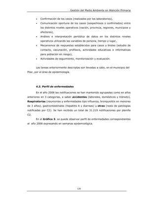 Gestión del Medio Ambiente en Atención Primaria


       •   Confirmación de los casos (realizados por los laboratorios),
       •   Comunicación oportuna de los casos (sospechosos o confirmados) entre
           los distintos niveles operativos (nación, provincia, regiones, municipios y
           efectores),
       •   Análisis e interpretación periódica de datos en los distintos niveles
           operativos utilizando las variables de persona, tiempo y lugar,
       •   Mecanismos de respuestas establecidos para casos y brotes (estudio de
           contacto, vacunación, profilaxis, actividades educativas e informativas
           para población en riesgo),
       •   Actividades de seguimiento, monitorización y evaluación.


       Las tareas anteriormente descriptas son llevadas a cabo, en el municipio del
Pilar, por el área de epidemiología.




       4.3. Perfil de enfermedades

       En el año 2008 las notificaciones se han mantenido agrupadas como en años
anteriores en 3 categorías, a saber accidentes (laborales, domésticos y tránsito),
Respiratorias (neumonías y enfermedades tipo influenza, bronquiolitis en menores
de 3 años), gastrointestinales (hepatitis A y diarreas) y otras (resto de patologías
notificadas por C2). Se han recibido un total de 31.219 notificaciones por planilla
C2.
       En el Gráfico 3. se puede observar perfil de enfermedades correspondientes
al año 2008 expresando en semanas epidemiológica.




                                            126
 