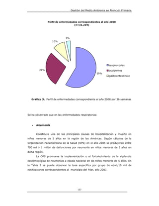 Gestión del Medio Ambiente en Atención Primaria



                Perfil de enfermedades correspondientes al año 2008
                                    (n=31.219)




                               3%
                    10%




                                                                    respiratorias
         28%                                                        accidentes
                                                        59%
                                                                    gastrointestinale
                                                                    s




   Grafico 3. Perfil de enfermedades correspondiente al año 2008 por 36 semanas




Se ha observado que en las enfermedades respiratorias:



   •   Neumonía


       Constituye una de las principales causas de hospitalización y muerte en
niños menores de 5 años en la región de las Américas. Según cálculos de la
Organización Panamericana de la Salud (OPS) en el año 2005 se produjeron entre
700 mil y 1 millón de defunciones por neumonía en niños menores de 5 años en
dicha región.
       La OPS promueve la implementación o el fortalecimiento de la vigilancia
epidemiológica de neumonías a escala nacional en los niños menores de 5 años. En
la Tabla 2 se puede observar la tasa específica por grupo de edad/10 mil de
notificaciones correspondientes al municipio del Pilar, año 2007.




                                         127
 