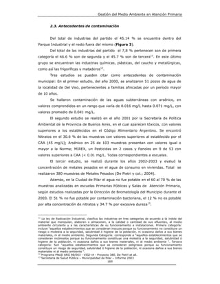 Gestión del Medio Ambiente en Atención Primaria


        2.3. Antecedentes de contaminación


        Del total de industrias del partido el 45.14 % se encuentra dentro del
Parque Industrial y el resto fuera del mismo (Figura 3).
        Del total de las industrias del partido el 7,8 % pertenecen son de primera
categoría el 46.6 % son de segunda y el 45.7 % son de tercera11. En este último
grupo se encuentran las industrias químicas, plásticas, del caucho y metalúrgicas,
como así las frigoríficas y mataderos12.
        Tres estudios se pueden citar como antecedentes de contaminación
municipal: En el primer estudio, del año 2000, se analizaron 51 pozos de agua de
la localidad de Del Viso, pertenecientes a familias afincadas por un período mayor
de 10 años.
        Se hallaron contaminación de las aguas subterráneas con arsénico, en
valores comprendidos en un rango que varía de 0.016 mg/L hasta 0.071 mg/L, con
valores promedio de 0.041 mg/L.
        El segundo estudio se realizó en el año 2001 por la Secretaría de Política
Ambiental de la Provincia de Buenos Aires, en el cual aparecen tóxicos, con valores
superiores a los establecidos en el Código Alimentario Argentino. Se encontró
Nitratos en el 30.6 % de las muestras con valores superiores al establecido por el
CAA (45 mg/L); Arsénico en 25 de 103 muestras presentan con valores igual o
mayor a la Norma; MIREX, un Pesticidas en 2 casos y Fenoles en 9 de 53 con
valores superiores a CAA (< 0.01 mg/L. Todas correspondientes a escuelas.
        El tercer estudio, se realizó durante los años 2002-2003 y evaluó la
concentración de metales pesados en el agua de consumo en viviendas. Total se
realizaron 380 muestras de Metales Pesados (De Pietri y col.; 2004).
        Además, en la Ciudad de Pilar el agua no fue potable en el 60 al 70 % de las
muestras analizadas en escuelas Primarias Públicas y Salas de Atención Primaria,
según estudios realizadas por la Dirección de Bromatología del Municipio durante el
2003. El 51 % no fue potable por contaminación bacteriana, el 12 % no es potable
por alta concentración de nitratos y 34.7 % por excesiva dureza13.


11
   La ley de Radicación Industrial, clasifica las industrias en tres categorías de acuerdo a la índole del
material que manipulan, elaboren o almacenen, a la calidad o cantidad de sus efluentes, al medio
ambiente circulante y a las características de su funcionamiento e instalaciones. Primera categoría:
incluye “aquellos establecimientos que se consideran inocuos porque su funcionamiento no constituye un
riesgo o molestia a la seguridad, salubridad ó higiene de la población, ni ocasiona daños a sus bienes
materiales, ni al medio ambiente. Segunda Categoría: corresponde a “aquellos establecimientos que se
consideran incómodos porque su funcionamiento constituye una molestia a la seguridad, salubridad ó
higiene de la población, ni ocasiona daños a sus bienes materiales, ni al medio ambiente “. Tercera
categoría: Son “aquellos establecimientos que se consideran peligrosos porque su funcionamiento
constituye un riesgo de seguridad, salubridad ó higiene de la población, ni ocasiona daños a sus bienes
materiales ni al medio ambiente “.
12
   Programa PNUD ARG 98/003 - VIGI+A - Proyecto 380. De Pietri et all.
13
   Secretaria de Salud Pública – Municipalidad de Pilar – Informe 2003
                                                     160
 