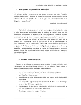 Gestión del Medio Ambiente en Atención Primaria


   7.1. Solo pueden ser perturbadas, no dirigidas


“Si quieres cambiar profundamente las cosas, entonces sea sutil. Pequeñas
sutilezas, espontáneas y honestas de cada uno de ustedes, genera infinitos rulos de
retroalimentación que como las alas de la mariposa van penetrando en el corazón
del poder y lo transforma”
                                                          Ricardo A. Kleine Acasusso




         Mediante la auto-organización las estructuras, generalmente tienden hacia
el orden y no hacia la aleatoriedad. Esto se logra por si mismo y rara vez por
nuestro accionar directo. Es por ello que el reto de gerenciar, radica en producir
perturbaciones que aproxime a nuestras organizaciones, al resultado deseado.
         Los individuos que conocen la teoría del caos, saben muy bien que la
obsesión por    mantener el control es una fantasía. El rol   de las direcciones, es
crear condiciones para la participación, potenciando las capacidades cognitivas de
su personal. Facilitado la distribución inteligente de las personas en la red y
activando – desactivado su      ingreso a la misma. Su fortaleza esta en identificar
aquellas fuerzas que atraen las energías de los grupos, promoviendo la creatividad
y su potencial pleno.




        7.2. Pequeños grupos de trabajo


   Muchas de las estructuras que gestionamos en salud y medio ambiente, están
conformadas por pequeños grupos humanos, en red (Diegoli, 2004). Tienen el
potencial de autoorganización, con ciertas características:


    •    Son grupos creativos; es decir que realizan tareas no automáticas,
    •    Las ideas fluyen libremente ,
    •    Su dinámica parte de pequeñas acciones, que pueden general resultados
         importantes,
    •    Las propiedades cognitivas de cada participante de dicho grupo de trabajo,
         le da un valor diferencial importante,
    •    Forman parte    de estructuras mas fluidas,   sin fronteras, horizontales   y
         con capacidad de tomar capacidades del entorno,
    •    Constituyen verdaderos equipos virtuales.



                                           52
 