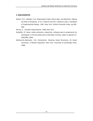 Gestión del Medio Ambiente en Atención Primaria




4. BIBLIOGRAFÍA

Aldrich, H.E.; Whetten, D.A. Organizations Sets, Action Sets, and Networks: Making
      the Most of Simplicity. In P.C. Nystrom and W.H. Starbuck (eds.), Handbook
      of Organizational Design, 1981, New York: Oxford University Press, pp.385-
      408.
Perrow, C. Complex Organizations. 1986, New York.
Schaeffer, M. Salud, medio ambiente y desarrollo: enfoques para la preparación de
      estrategias a nivel de países para el bienestar humano, según la agenda 21.
      OPS/OMS, 2004.
Wellman;B.;Berkowitz. S.D. Introduction: Studying Social Structures. En Social
      structures: A Network Approach. New York: University of Cambridge Press,
      1988.




                                        94
 