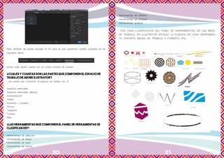20 21
Pero también se puede escoger el fin para el que queremos nuestro proyecto en la
siguiente barra
donde cada opción cuenta con su propia ventana de ajustes.
¿CUALES Y CUANTAS SON LAS PARTES QUE COMPONEN EL ESPACIO DE
TRABAJO DE ADOBE ILUSTRATOR?
Las partes que componen el espacio de trabajo son 9:
Aspectos esenciales
Aspectos esenciales clásicos
Automatización
Diseño
Impresión y pruebas
Pintura
Tipografía
Trazado
Web
¿LAS HERRAMIENTAS QUE COMPONEN EL PANEL DE HERRAMIENTAS SE
CLASIFICAN EN?:
Herramientas de selección
Herramientas de dibujo
Herramientas de texto
Herramientas de pintura
Herramientas de reforma
Herramientas de símbolo
Herramientas graficas
POR CADA CLASIFICACION DEL PANEL DE HERRAMIENTAS, EN UNA MESA
DE TRABAJO, EN ILUSTRATOR APLIQUE LA FUNCION DE CADA HERRAMIEN-
TA. EXPORTE MESAS DE TRABAJO A FORMATO JPG.
 