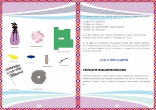 22 23
7/ ¿CUALES SON Y EN CUNTAS PARTES SE DIVIDE EL PANEL DE CAPAS?
COLMUNA DE VISIBILIDAD
COLUMNA DE EDICION
COLUMNA DE IDENTIFICACION COMO DESTINO
COLUMNA DE SELECCIÓN.
8/ COMO AGREGO UNA FUENTE TOPOGRAFICA NUEVA A ILUSTRATOR,
AGREGUE UNA FUENTE NUEVA Y ELABORE UN TITULO
R/ SE DEBE IR A INTERNET A CUALQUIER PAGINA QUE PERMITA DESCAR-
GAR TIPOGRAFIAS EN MI CASO UTILICE LA DE GOOGLE FONTS, INSTALAR-
LA Y AUTOMATICAMENTE SE ACTUALIZARA A LA BIBLIOTECA DE TIPOGRA-
FIAS DE ILUSTRATOR
1/ ESPACIO DE TRABAJO PERSONALIZADO
Podremos personalizar nuestro espacio donde trabajaremos, colocando las di-
ferentes herramientas que queramos dependiendo del tipo de ilustración que
vallamos a trabajar, si es un diseño una ilustración para la web una tipografía
etc.
 