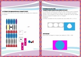 34 35
8/ FORMATO DE IMPRESIÓN EN EL FORMATO CMYK
El modo de color CMYK es uno de los formatos más utilizados en la industria de
la impresión
9/FORMATOS PARA WEB
FORMATOS MÁS USADOS PARA REDES SOCIALES
Los formatos para la web es ya la salida de nuestra ilustración para los diferentes
aparatos móviles como ordenadores se debe de crear una plantilla nueva llama-
da web la cual el programa ya trae por defecto, se debe tener claras las medidas
tanto de la portada de Facebook como la e Instagram.
FACEBOOK:
El formato de facebook de foto de portada tiene unas medidas 851 x 315 px
INSTAGRAM:
Para el post de Instagram se maneja unas medidas de 1080 x 1080
 