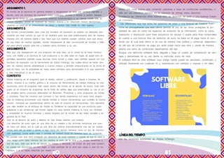 80 81
Argumento 1.
El mundo de la escritura en general tenderá a desaparecer ya sean por cambios digitales y
demás, pero los formatos de expresión como catálogos, revistas y demás si podrán desapa-
recer de la forma en que habitualmente estamos acostumbrados a ver siendo visible sólo en
medios digitales, dónde se mostrará de manera distinta y en diferentes medios electrónicos
variando un poco en la presentación de estas, y siendo más visible en más lugares.
Argumento 2.
Las formas convencionales para crear los formatos de expresión se podrán ver alterados bre-
vemente por este cambio ya que no se diseñará para que este estéticamente bien de manera
impresa sino de manera digital y eso hace que sus diseños puedan cambiar para que ahora
se vea mejor en medios digitales, podrán desaparecer la idea convencional de revistas o folle-
tos para ahora aceptar esta era y adaptar estos formatos a su vez.
Argumento 3.
Más que una desaparición es una evolución de todo esto, ya lo vimos en la frase introduc-
toria, con Netflix y la escritura la cual evoluciono a no sólo estar en hojas de papel sino en
pantallas aportando además cosas técnicas como sonido y video, esto también pasará con sus
formatos de expresión con la herramienta de Adobe InDesign, las cuales ahora se harán tam-
bién de manera distinta adoptándose a nuevos medios y también evolucionando en la forma en
que se hace, con la posibilidad de hacer estos formatos para aproximados a lo que queremos
y más interactivos si es el caso.
CONTEXTO
Adobe Indesing es el programa para el diseño, edición y publicación, digital e impresa, de
textos. Gracias a su interfaz gráfica y al conjunto de herramientas de trabajo Indesing ha sido
reconocido como el programa más usado dentro del mundo de la edición de textos. Está inte-
grado en el conjunto de programas de la Suite de adobe, algo que potencializa su uso al po-
der emplear dentro productos elaborados en Illustrator, Photoshop y otros programas de Adobe,
y viceversa. Para los usuarios que conocen o han tenido experiencia con esos otros progra-
mas en Indesing encontraran una interfaz familiar e incluso herramientas que cumplen la misma
función, comparte así características dentro de todo el conjunto de herramientas. Otro elemento
que vale resaltar es el enfoque de Adobe en fortalecer la capacidad de sus productos para
adaptarse a las tendencias del mundo digital. En este sentido Indesing lo hace con facilidad
y versatilidad en muchos formatos y estilos exigidos por el mundo de las redes sociales y en
general de la Red.
Qué es el derecho de autor y elabore en diez líneas máximo una síntesis.
Los derechos de autor rigen en una obra de un creador y las acciones exclusivas que pue-
da hace con estos, por lo cual ya una obra los obtiene automáticamente una vez es creada
desde cero por su autor y entran a regir hacia los demás viéndose como un tipo de informa-
ción auténtica, nunca antes vista o contada de manera única en diversos tipos de contenido.
Es posible usar una obra protegida por derechos de autor siempre y cuando el que lo vaya a
usar tenga como base siempre dar los créditos al autor de la obra y no tengas beneficios a
raíz de esto, sólo con el fin de apoyar un trabajo y reforzarlo, de avisar de que este conteni-
do puede ser encontrado en otro lugar, o seas participe de la obra que vayas a usar en tus
trabajos, o sí tu hayas adquirido por medio de
dinero una copia acerca este contenido usándose a base de condiciones establecidas, o
sólo por uso educativo siempre sin la intención de infringir estos derechos.
Establezca las diferencias entre licencia libre de derechos de autor y una licencia Creati-
ve Commons.
Las diferencias que hay entre los derechos de autor y una licencia de Creative Com-
mons es principalmente que esta última permite el uso de las obras protegidas la po-
sibilidad de usar en todos los aspectos de evolución de la información, como la copia,
inspiración o distribución para fines educativos sin abusar o usarla para fines comerciales,
en cuanto a una licencia libre de derechos de autor se basa en el paga hacía el con-
tenido por el cual este último si se usa de manera más pública y comercial, dependien-
do del tipo de contenido se paga por tener poder hacia esa obra y usarla de manera
abierta con serie de condiciones dependiendo del tipo.
Busque una definición software libre, péguela y haga un cuadro de comparación de ven-
tajas y desventajas de su uso desde su particular punto de vista.
El software libre es todo software cuyo código fuente puede ser estudiado, modificado, y
utilizado libremente con cualquier fin y redistribuido con cambios o mejoras o sin ellas.
línea del tiempo
con las versiones existentes de Adobe InDesign.
 