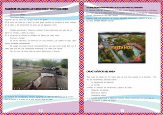 12 13
También se utilizaron las transiciones y efectos de video:
•	 Disolución de película
•	 Desenfoque adentro
•	 Desenfoque afuera
Recordar que se debe que agregar texto a su gusto.
En el audio del video es a gusto de cada quien, también se comparte el audio utilizado
en el video, y las transiciones de audio que se agregaron como:
•	 Fundido exponencial y Ganancia contante (Estas transiciones son para dar un
efecto de entrada y salida de audio)
En la corrección de colores se utilizaron los efectos de video como:
•	 ProcAmp y Niveles
•	 Se usó la velocidad y se disminuyó en unas escenas y se aceleró en otras, obte-
niendo resultados sorprendentes.
•	 Se agregó una pieza musical, aconsejablemente que esta pieza encaje bien con el
vídeo para que sea una combinación armoniosa y un vídeo que cautive.
•	 Para la unión de estos clips se usaron transiciones y recortes.
El resultado fue el esperado, siempre agregando un valor de diferencia con la música
que se escoja y el orden en el que van los clips de vídeo.
TALLER ELABORACIÓN DE VIDEO FINCA DE ALVARADO “FINCA VILLA MARIANA”
El siguiente video es realizado con 23 clips, donde deberán posteriormente a descargar-
los y dar inicio a la elaboración de los mismos, teniendo en cuenta que se utilizaron las
mismas características del video anterior.
Deberán darle una corrección de colores, agregarle transiciones y efectos al audio y a
los clips, también deberán recortar.
Características del video:
Este video se realizó con 23 videos clips de una finca ubicada en la Alvarado - Toli-
ma, las herramientas utilizadas fueron:
•	 La herramienta de selección
•	 La cuchilla
También se utilizaron las transiciones y efectos de video:
•	 Disolución de película
•	 Desenfoque adentro
•	 Desenfoque afuera
•	 Fundido exponencial y Ganancia contante (Estas transiciones son para dar un
efecto de entrada y salida de audio)
 