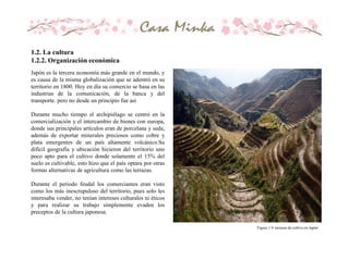 Figura 1.9. terrazas de cultivo en Japón
Japón es la tercera economía más grande en el mundo, y
es causa de la misma globalización que se adentró en su
territorio en 1800. Hoy en día su comercio se basa en las
industrias de la comunicación, de la banca y del
transporte. pero no desde un principio fue así
Durante mucho tiempo el archipiélago se centró en la
comercialización y el intercambio de bienes con europa,
donde sus principales artículos eran de porcelana y seda,
además de exportar minerales preciosos como cobre y
plata emergentes de un país altamente volcánico.Su
difícil geografía y ubicación hicieron del territorio uno
poco apto para el cultivo donde solamente el 15% del
suelo es cultivable, esto hizo que el país optara por otras
formas alternativas de agricultura como las terrazas.
Durante el periodo feudal los comerciantes eran visto
como los más inescrupuloso del territorio, pues solo les
interesaba vender, no tenían intereses culturales ni éticos
y para realizar su trabajo simplemente evaden los
preceptos de la cultura japonesa.
1.2. La cultura
1.2.2. Organización económica
 