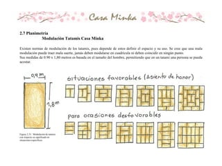 2.7 Planimetría
Modulación Tatamis Casa Minka
Figura 2.33. Modulación de tatamis
con respecto su significado en
situaciones específicas.
Existen normas de modulación de los tatamis, pues depende de estos definir el espacio y su uso. Se cree que una mala
modulación puede traer mala suerte, jamás deben modularse en cuadrícula ni deben coincidir en ningún punto.
Sus medidas de 0.90 x 1,80 metros es basada en el tamaño del hombre, permitiendo que en un tatami una persona se pueda
acostar.
 